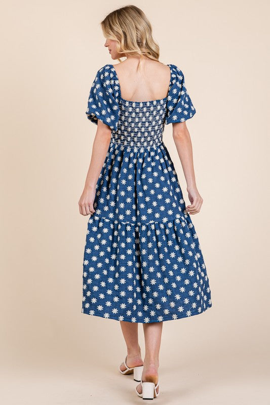 New Floral Embroidered Smocked Puff Sleeve Tiered Midi Dress For Women – Elegant, Romantic, Feminine, and Stylish Midi Dress with Floral Embroidery
