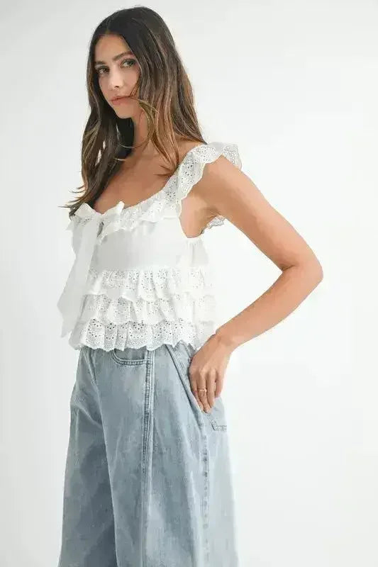 MABLE Eyelet Embroidered Front Tie Ruffle Top