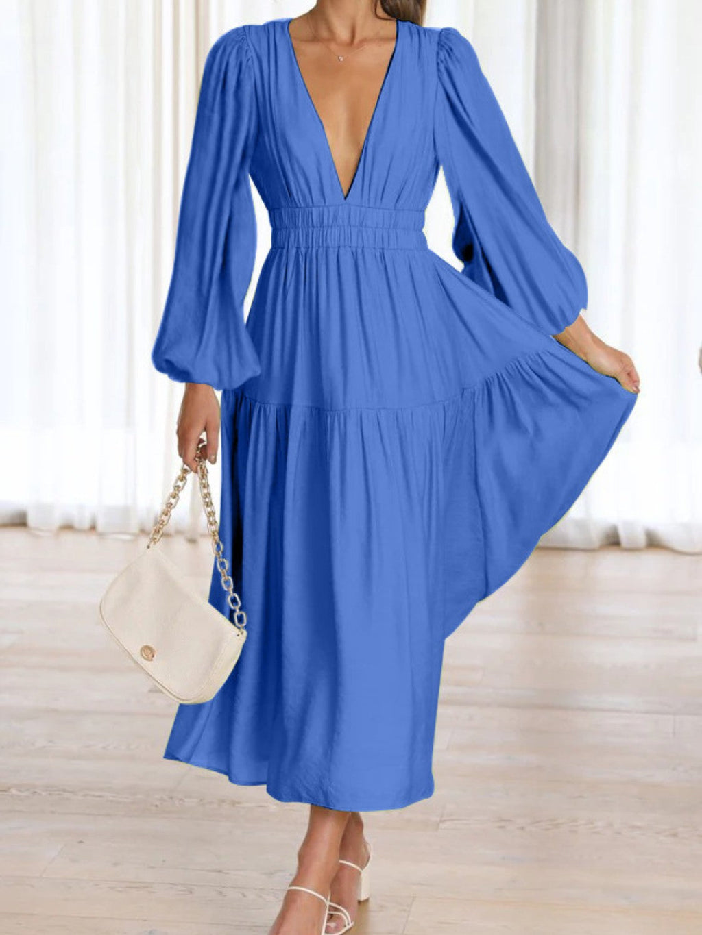 Lightweight Deep V-Neck Balloon Sleeve Maxi Dress Elegant & Flowing Silhouette Unique Dress