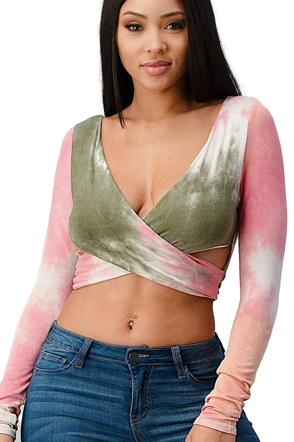 Tie-Dye Wrap Crop Top – Rayon Surplice Boho Blouse | Femstylo
