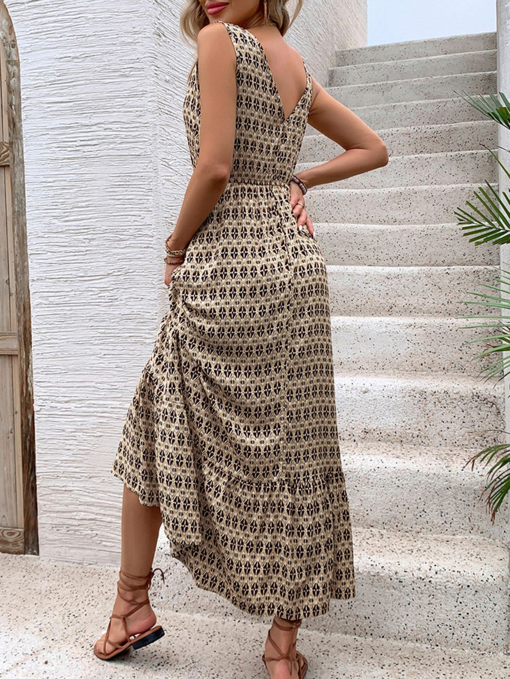 Vintage Printed V-Neck Tie Waist Midi Dress Lightweight Trendy & Elegant Dress for Women
