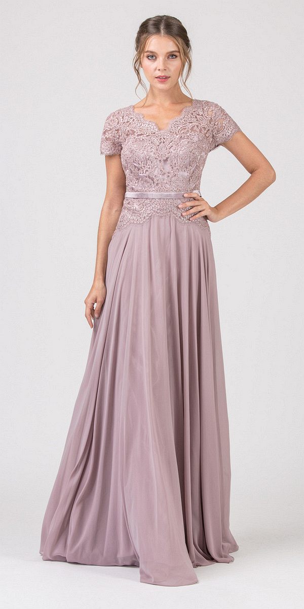 CLEARANCE - Eureka 5909 Lace Bodice A-Line Long Dress Short Sleeves (Size 3XL)