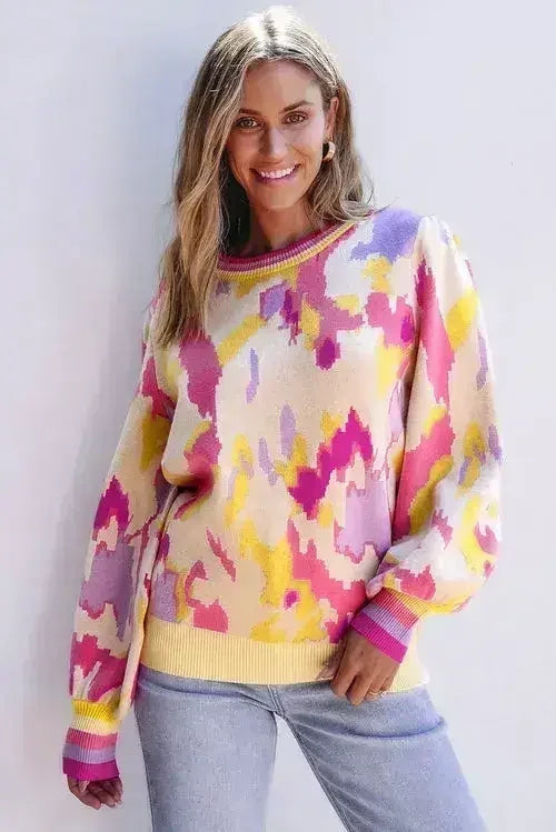 Abstract Balloon Sleeve Sweater - Colorblock Knit | Femstylo