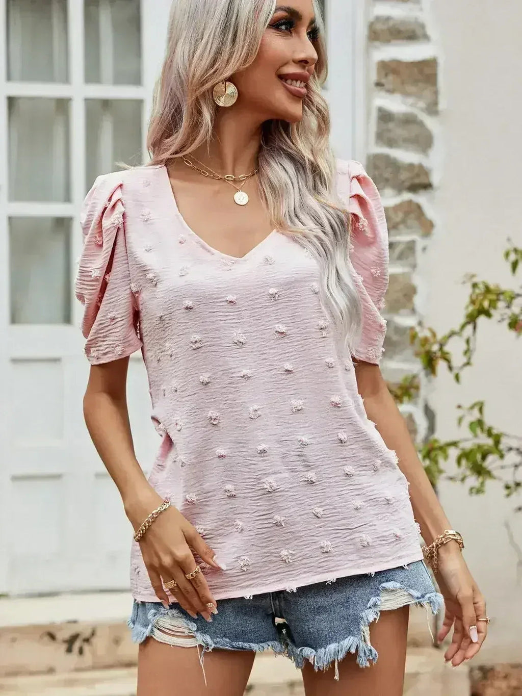 Blush Pink Swiss Dot Short Puff Sleeve Top | Femstylo