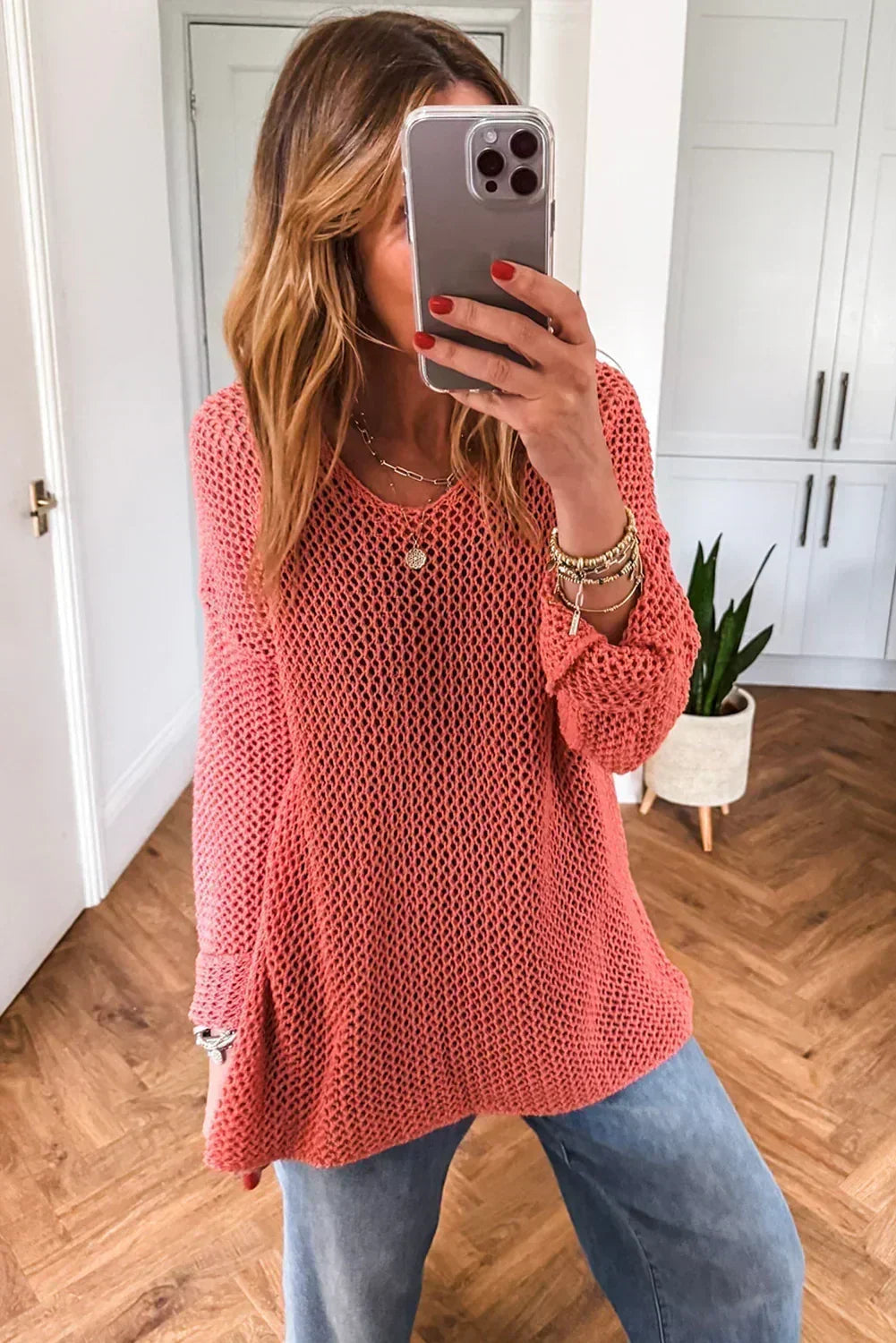 Smoke Gray Crochet Hollow-out Knit Sweater