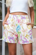 White Colorful Bow Print Pocket Shorts