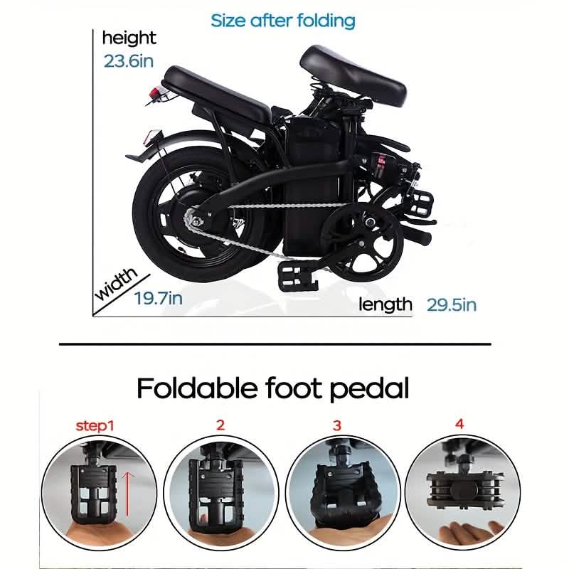 14" Folding Electric Bike 48V Lightweight E-Bike 330LB Load 19MPH 28-Mile Range