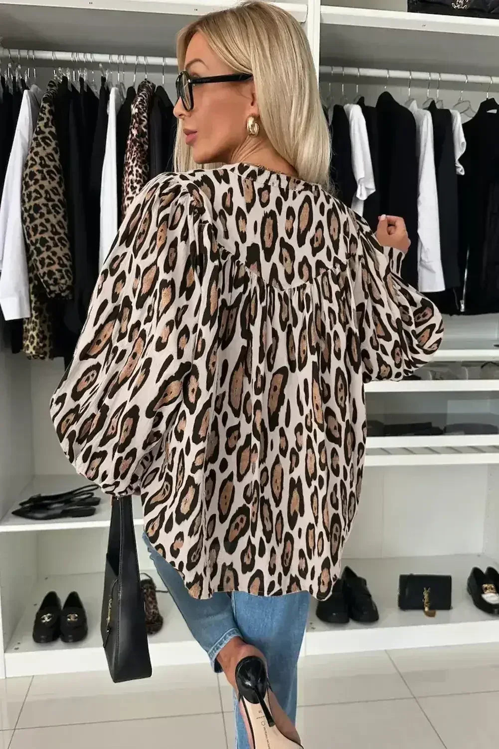 Light Leopard Print Balloon Sleeve Loose Blouse | Femstylo