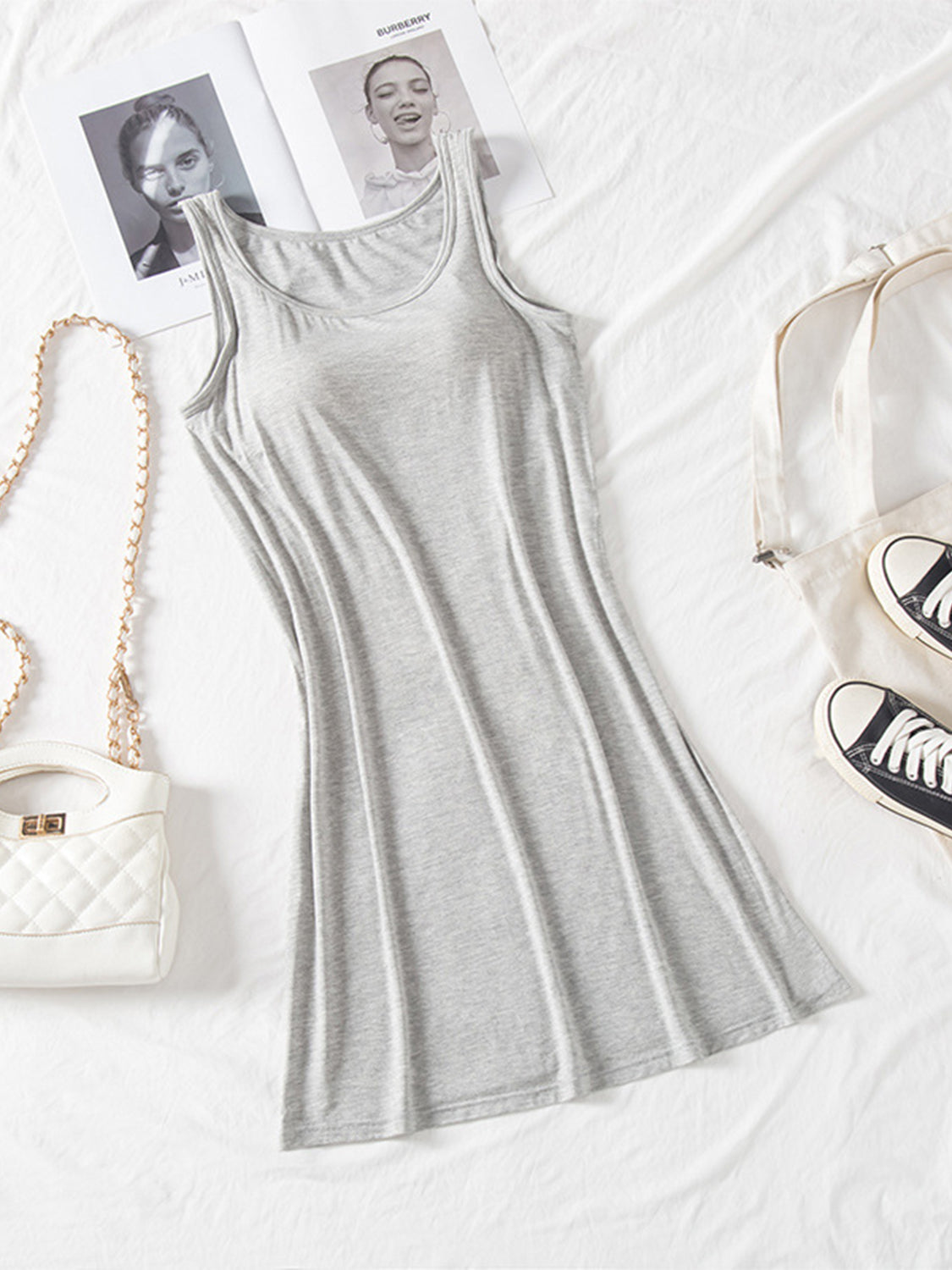 Classic Round Neck Wide Strap Mini Dress With Built-In Bra Comfortable Sleeveless Dress