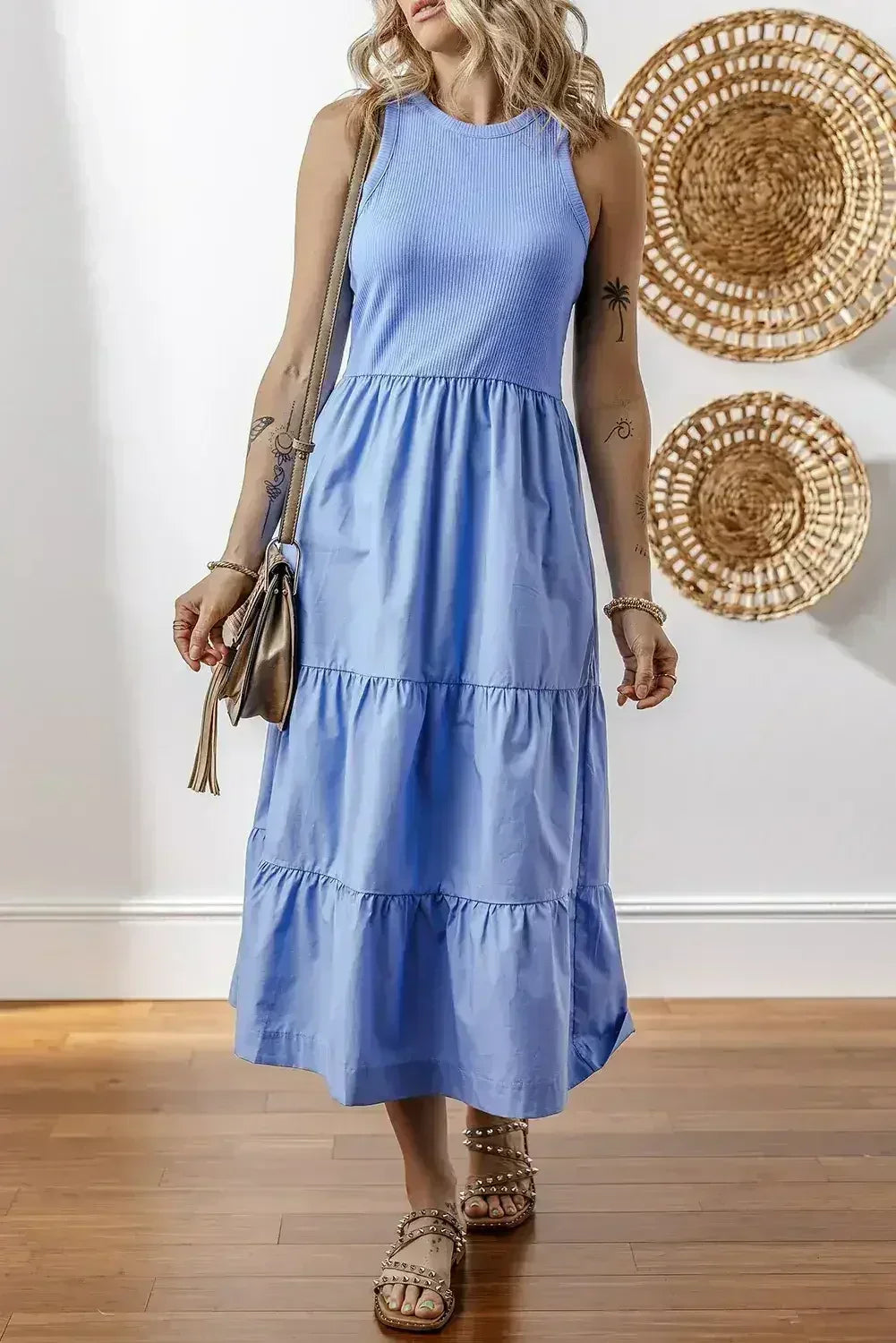 Sepia Rose Ribbed Vest Patchwork Tiered Midi Dress