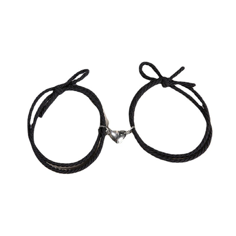 2PCS Magnetic Bracelet Stainless Steel Love Heart Charm Couple Bracelets For Friend Braid Rope Bracelets Magnet Adjustable Rope Matching Bracelet Love Bracelet Couples 2 Pieces Relationship Magnetic Bracelet