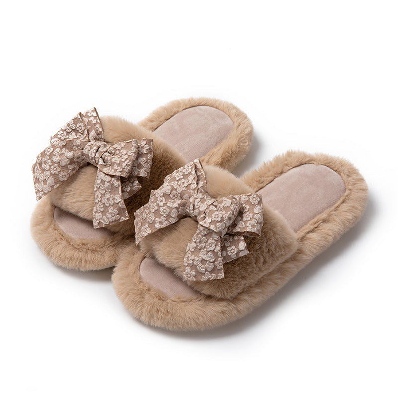Cotton Slippers Women Autumn And Winter Home Plush Wind Bow Soft Bottom Indoor Outdoor Wear Slippers Fluffy Memory Foam Fur Furry Womens Slippers Cozy Warm Fur Bedroom Slippers