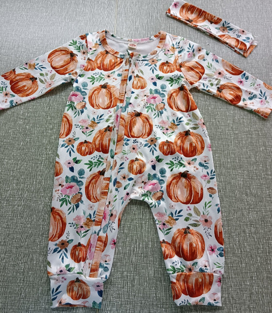 Baby Girls Footies Floral Print Ruffles Single Breasted Playsuit Headband Clothes Outfits For Girls with Bow Floral Printed