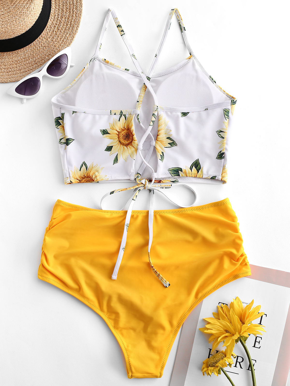 High Waist Bikini Sunflower Swimsuit Women Bikini Floral Swimsuit Floral Crop Tie Knot Front High Waist Bikini Set Two Piece Swimsuit For Women  Summer High Waisted Bathing Suit