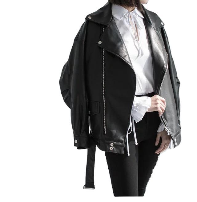PU Faux Leather Jacket Women Loose Sashes Casual Biker Jackets Outwear Female Tops BF Style Black Leather Jacket Coat