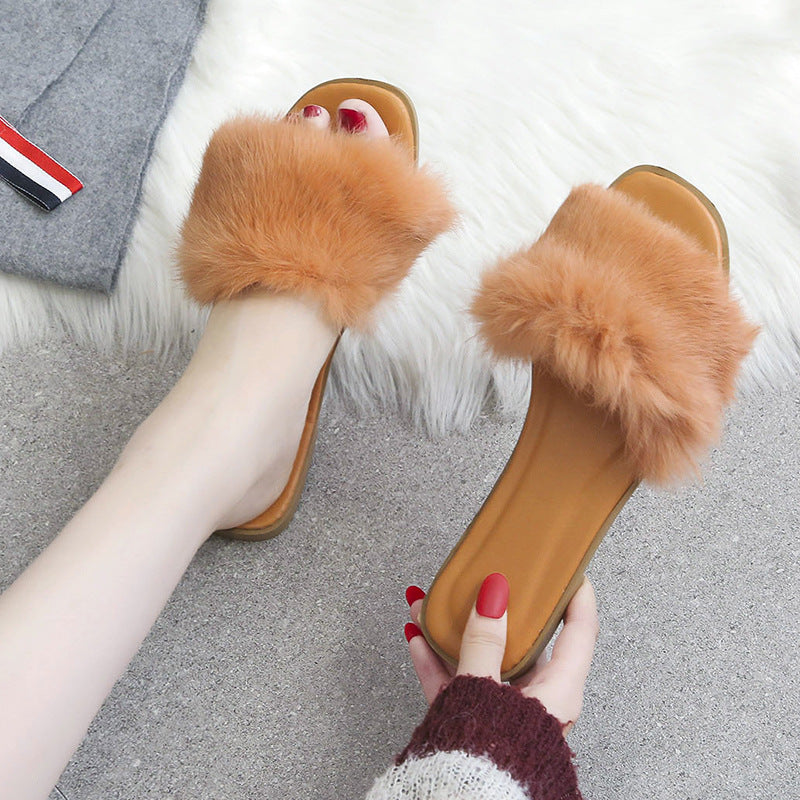 Fashion Fur Flat Women's Slippers Plus Size Spring Summer Fluffy Fur Slippers Shoes Woman Plush Fur Slip On Flip Flop Flat Furry Fur Slides Outdoor Sandals Furry Slides Summer Sandals Open Toe Indoor Outdoor Fluffy Slides