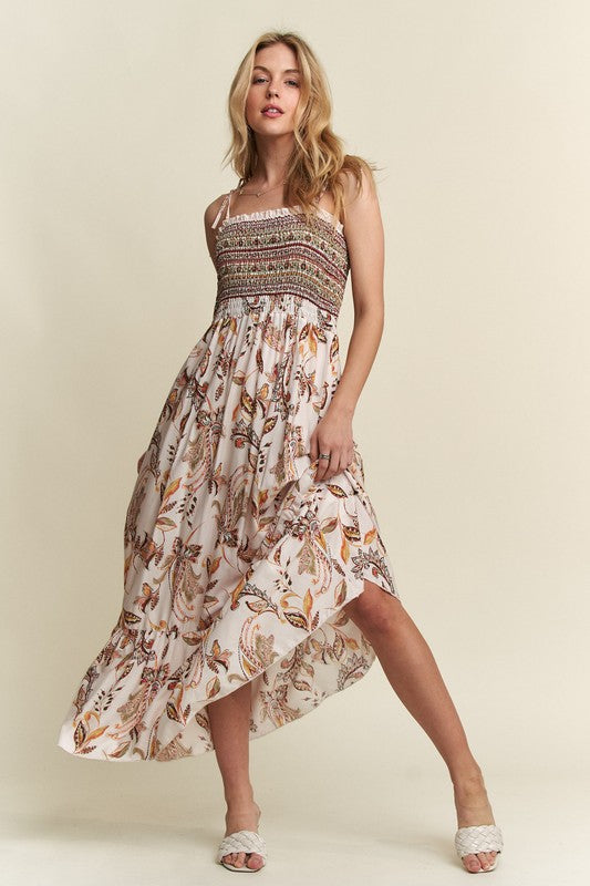 New Summer Smocked Printed Square Neck Tie Shoulder Cami Dress – Trendy, Chic, Feminine, Comfortable, Stylish Summer Dress