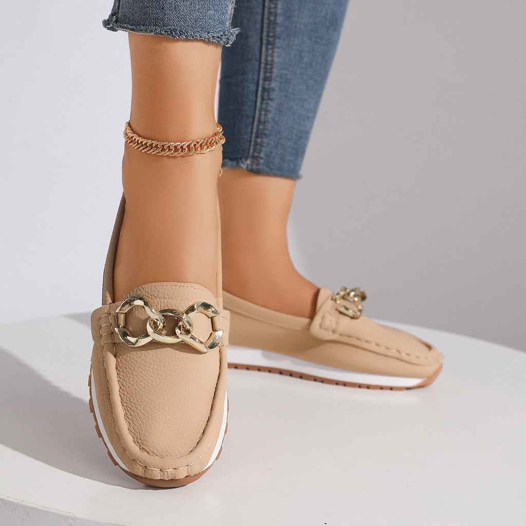 Women's Metal Buckle Slip-On Loafers - Casual Suede Leather Comfort Shoes
