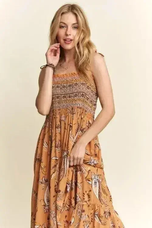 Square Neck Tie Shoulder Dress - Smocked & Floral | Femstylo