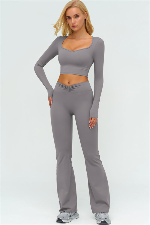 The Lushness Long Sleeve Crop Top Flared Leggings 2-Piece Set