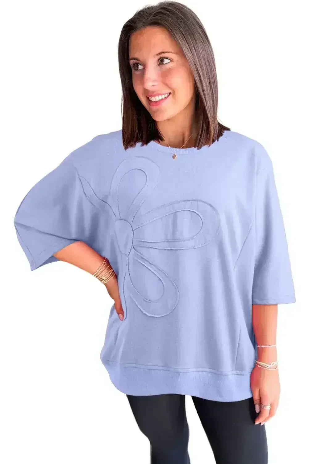 Clearly Aqua Solid Color Floral Patched Half Sleeve Tunic Top