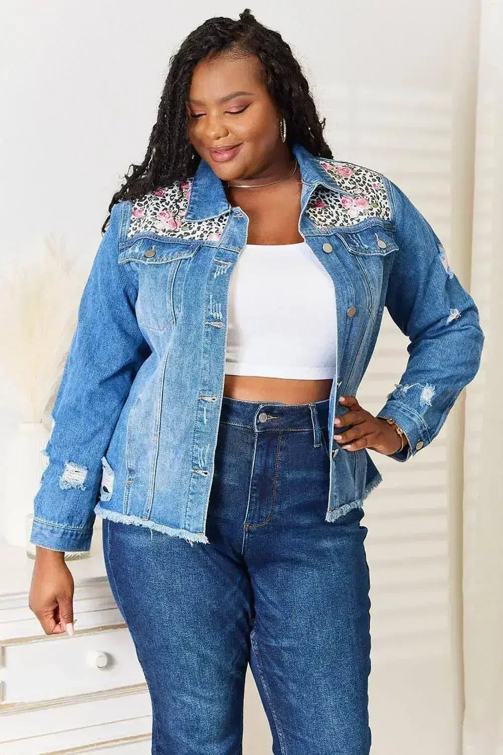 Leopard Floral Denim Jacket - Distressed Raw Hem | Femstylo