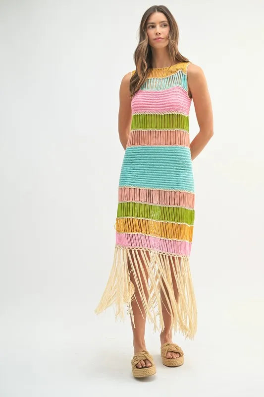 Multi Color Fringed Crochet Knit Dress For Women – Crochet Knit Dress, Fringed Dress, Multi-Color Dress, Bohemian Knit Dress, Festival Dress