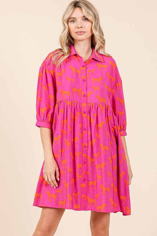 Zebra Print Button Down Shirt Mini Dress For Women – Fluttering, Bold and Fashion-Forward Dress with Pocketed Tiered Design