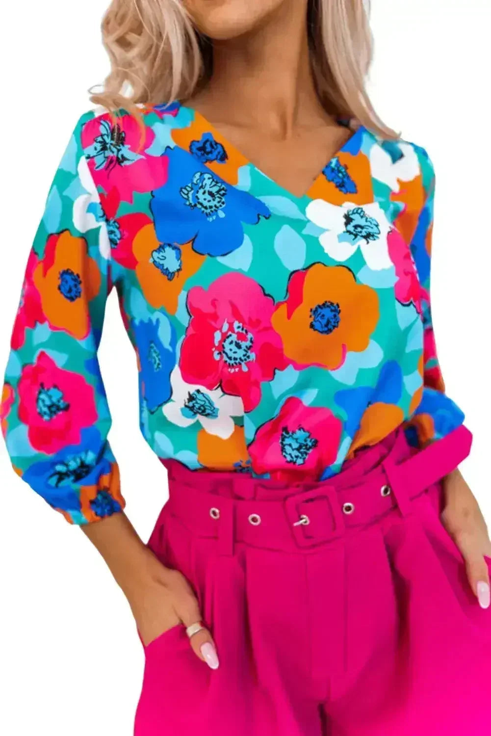 Floral V-Neck Blouse - 3/4 Sleeve Office Wear | Femstylo