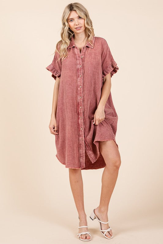 Mineral Wash Cotton Gauze Mini Shirt Dress For Women – Effortlessly Chic and Tredny Dress with Ruffle Sleeve Details