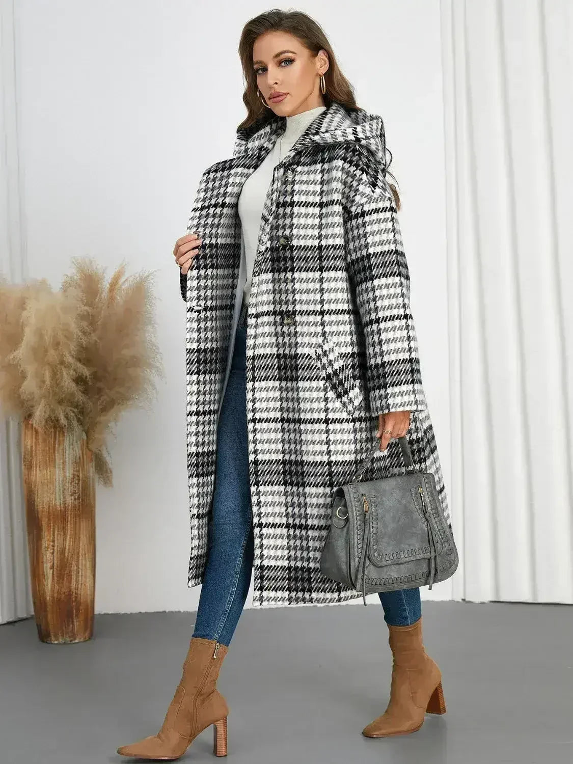 Plaid Double-Breasted Long Sleeve Longline Coat