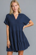 Women Dark Navy Full Size Raw Hem Folded Sleeve Dress Casual Plus Size Simple Dress