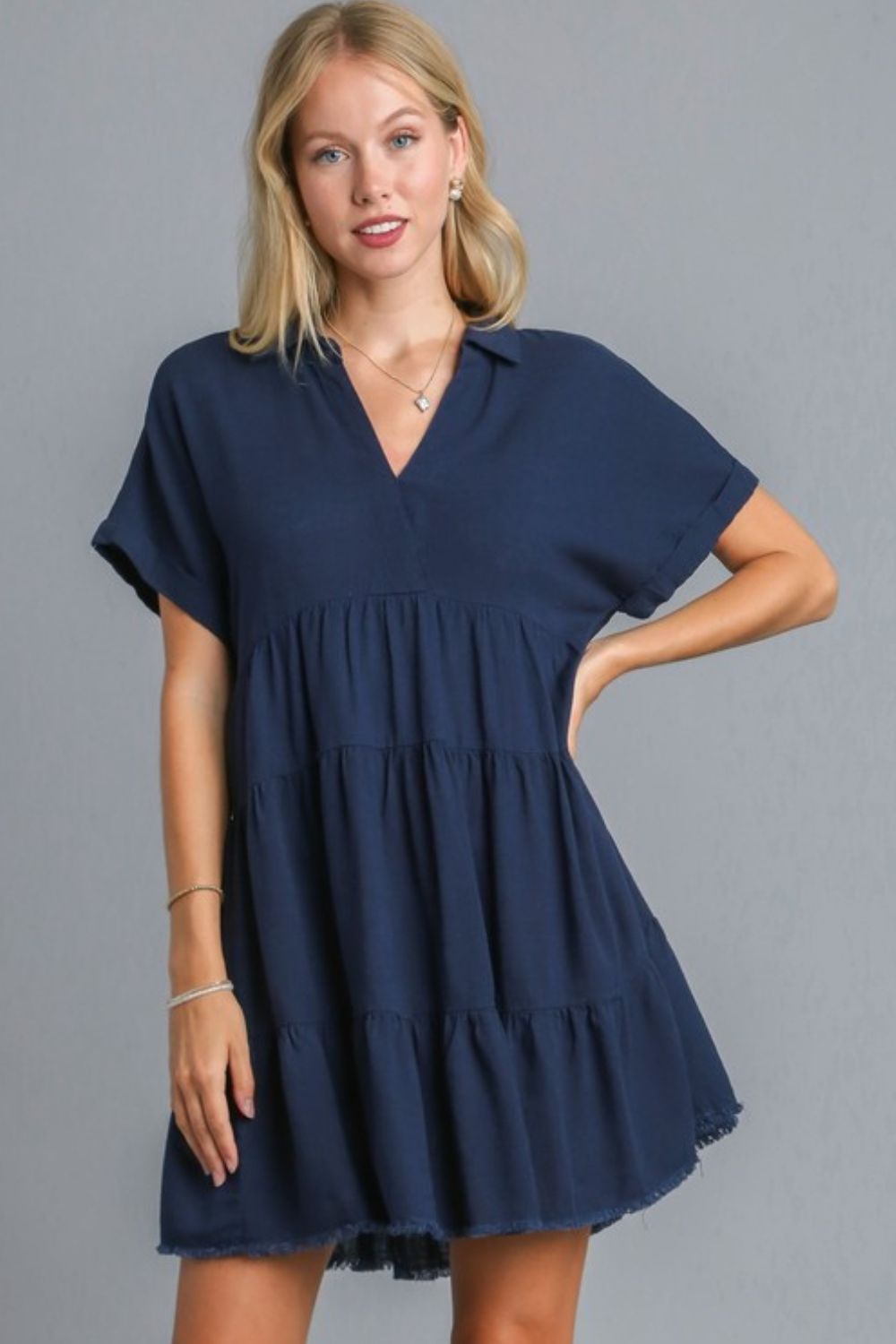 Women Dark Navy Full Size Raw Hem Folded Sleeve Dress Casual Plus Size Simple Dress