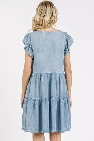 Feminine V-Neck Mini Dress – Ruffled Sleeves & Tencel Fabric | Femstylo