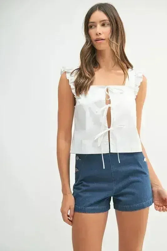 MABLE Poplin Ruffle Strap Front Self Tie Top