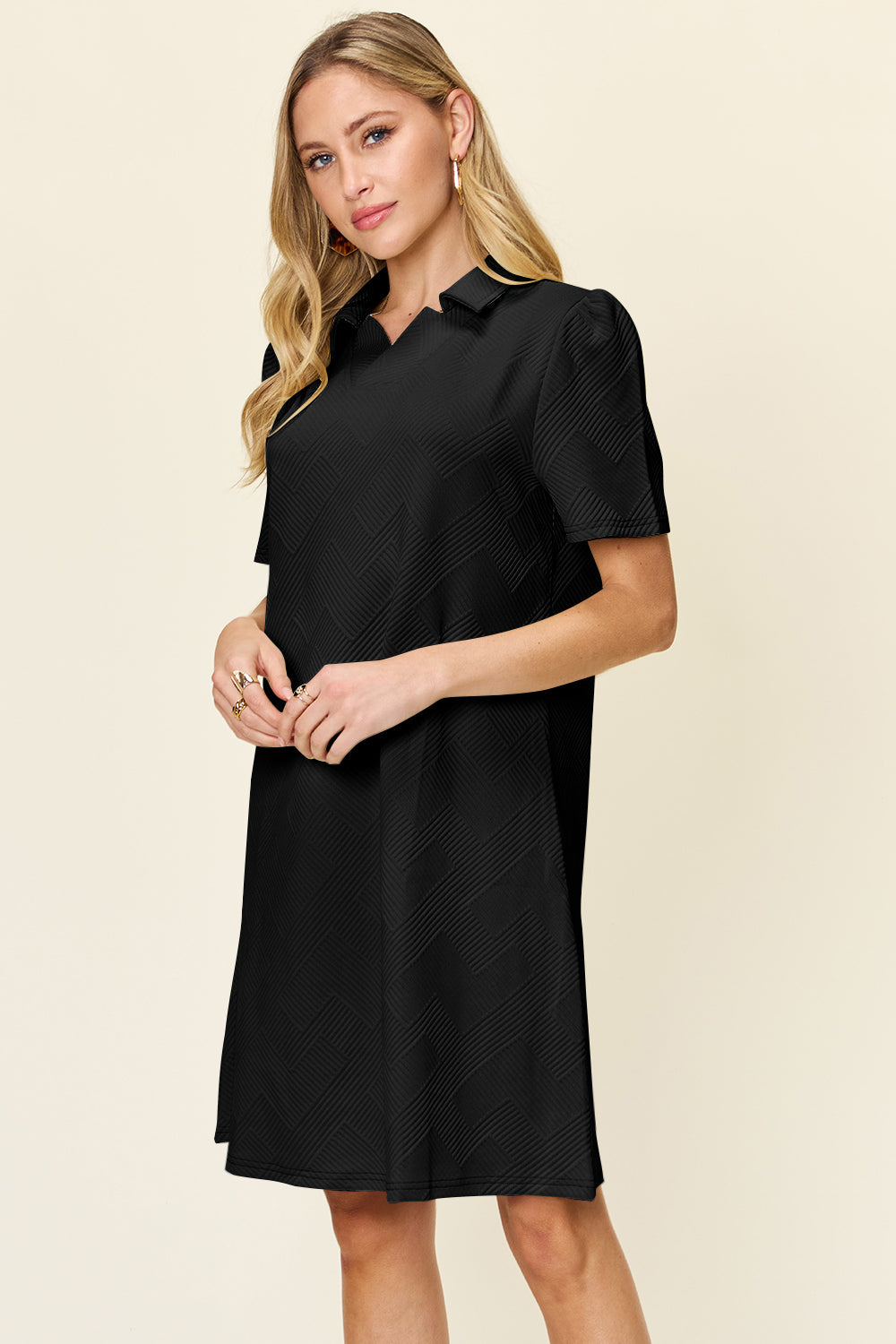 Double Take Full Size Texture Collared Neck Short Sleeve Dress Textured Dress For Women