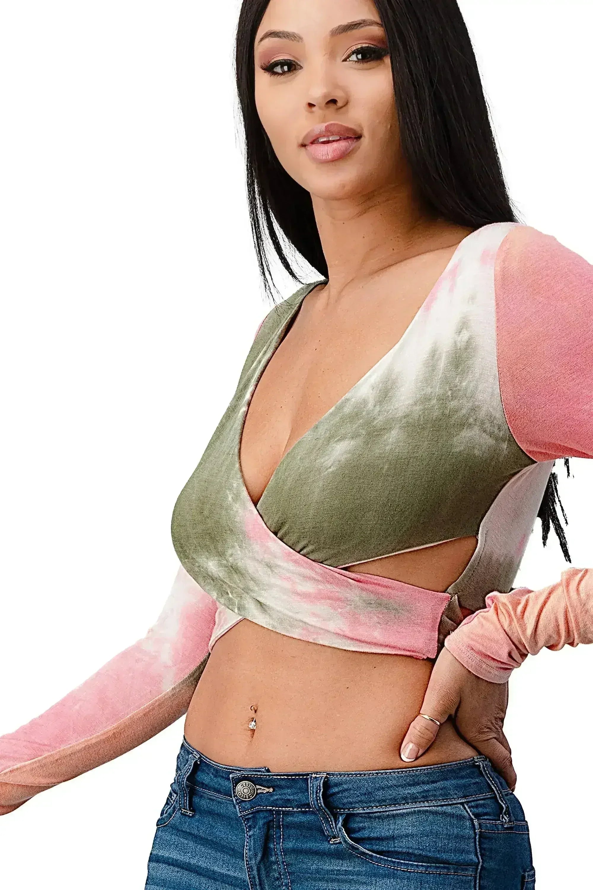 Tie-Dye Wrap Crop Top – Rayon Surplice Boho Blouse | Femstylo
