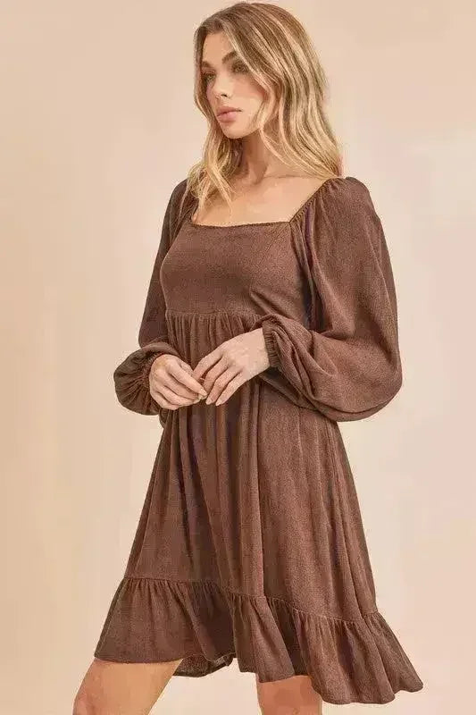 Ruffled Hem Square Neck Mini Dress | Balloon Sleeve Dress -femstylo
