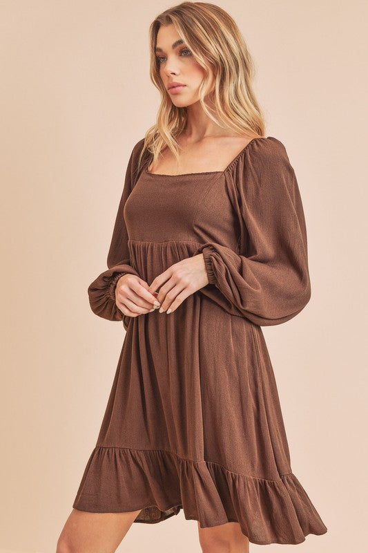 New Ruffled Hem Square Neck Balloon Sleeve Mini Dress For Women – Trendy, Elegant, Feminine & Fashion-Forward