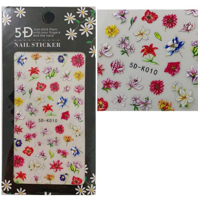 5D Embossed Nail Sticker Colorful Flower With Textured Water Slider Water Decal Nail Art Self Adhesive DIY Decal Sticker Tips Decoration Adhesive Abstract Face Curve Graffiti Nail Design for Acrylic Nail Supplies Designer Nail Decorations for Women Girls