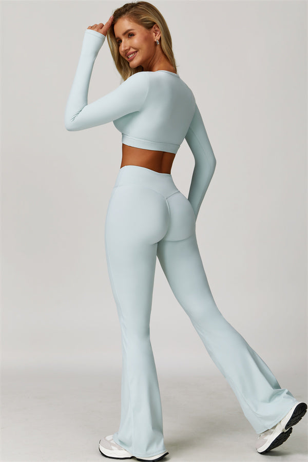 The Lavish Long Sleeve Cut-out Crop Top Flared Leggings 2-Piece Set