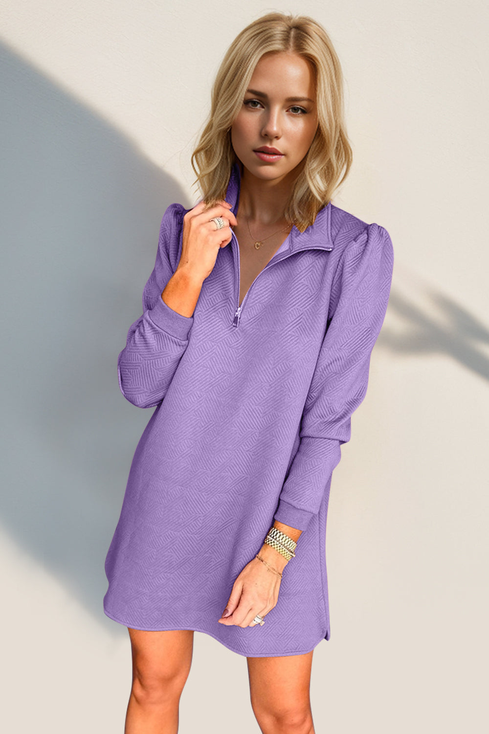 Double Take Textured Zip Long Sleeve Dress Classic Zip-Up Dress for Women Comfortable Outdoor Dress