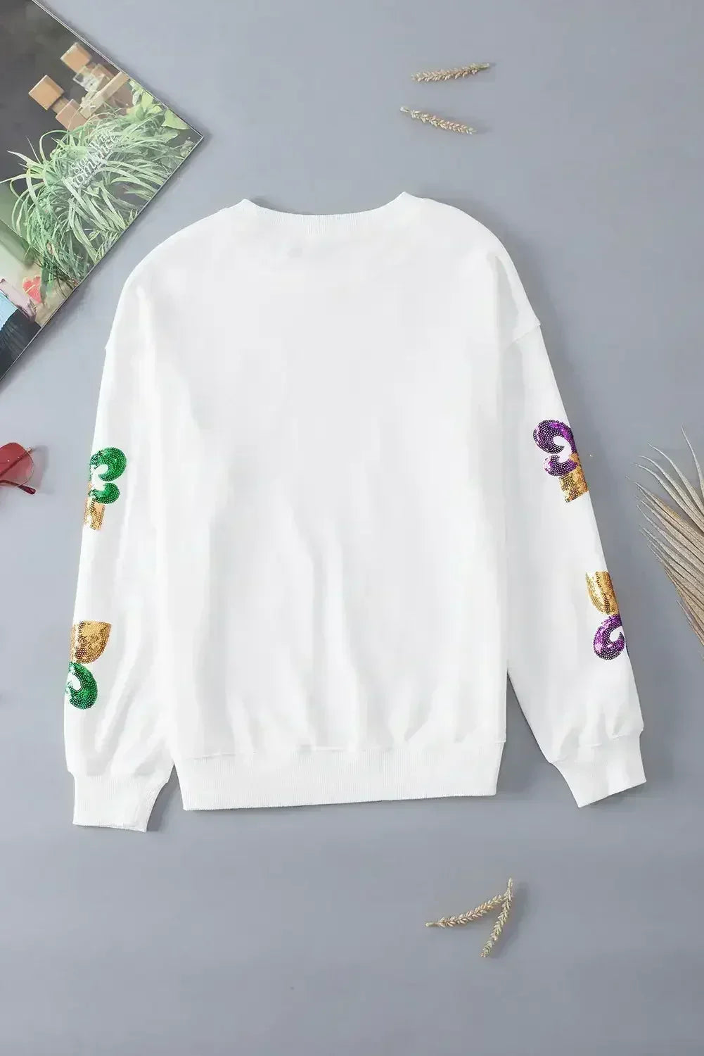 White Sequin MARDI GRAS Graphic Pullover Sweatshirt