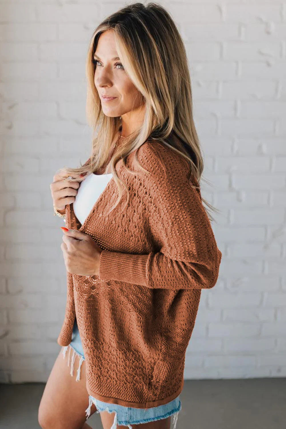 Redwood Burl Mix Pattern Hollow Knit Open Front Cardigan