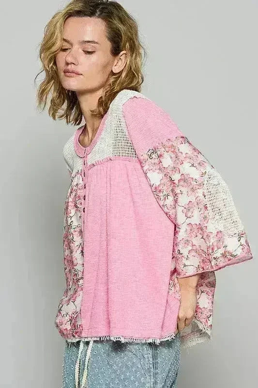 Washed Floral Crochet Top - Bohemian Semi-Sheer Blouse | Femstylo