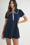 Ruffle Trimmed Collar Fine Knit Mini Dress For Women – Ruffle Mini Dress, Fine Knit Dress, Collar Dress, Feminine Mini Dress, Chic Knit Dress
