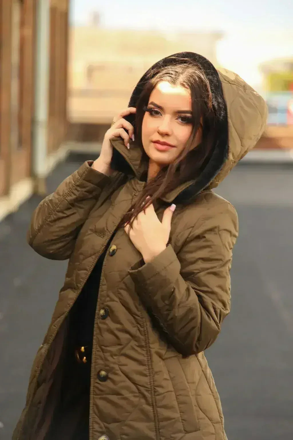 Quilted Single Breasted Longline Hooded Coat