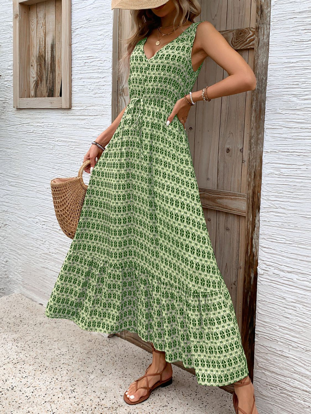 Vintage Printed V-Neck Tie Waist Midi Dress Lightweight Trendy & Elegant Dress for Women