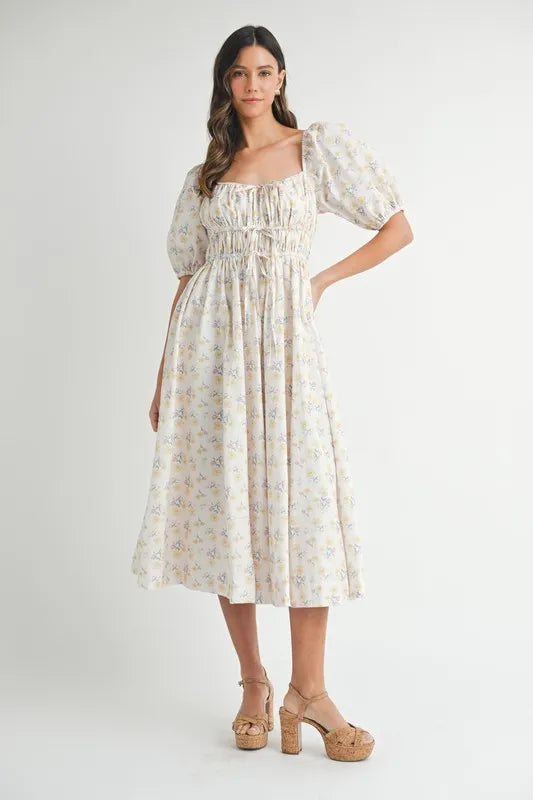 Floral Drawstring Detail Puff Sleeve Midi Dress – Romantic Floral Midi Dress, Ruched Drawstring Dress, Feminine Puff Sleeve Dress, Trendy Garden Party Dress For Summer