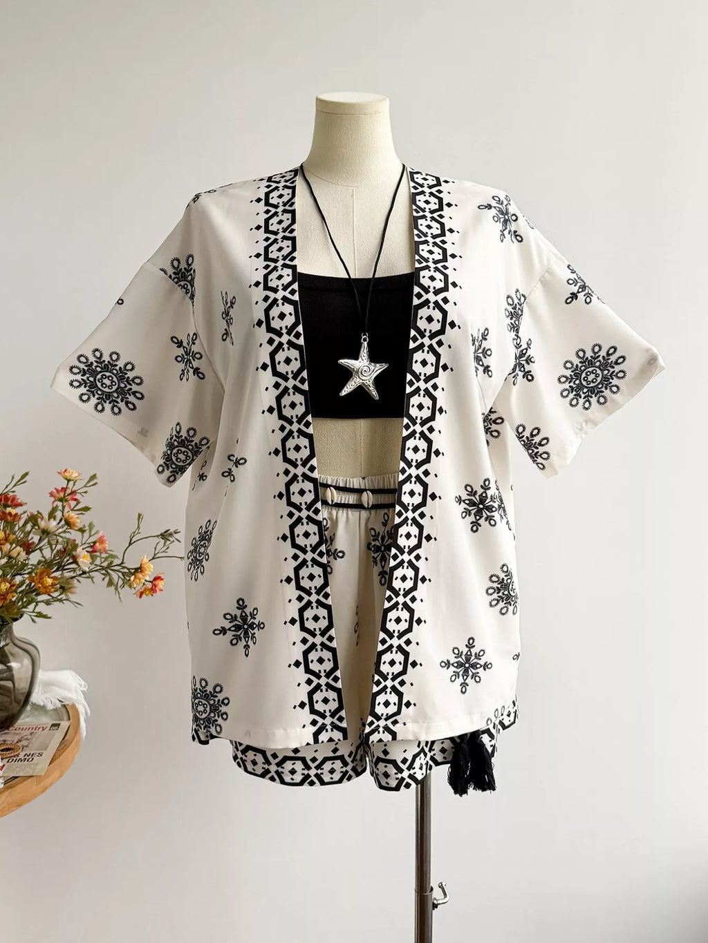 Plus Size Printed Open Front Cardigan and Shorts Set
